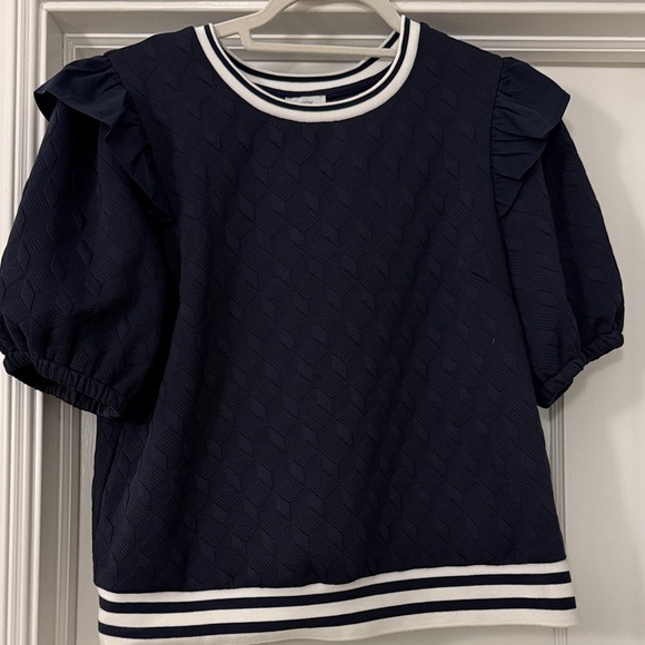 Voy Tops - Voy Navy and White Blouse with Ruffle Sleeves